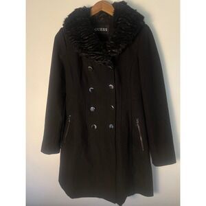 Y2K Guess Pea Coat Wm XS Black Faux Fur Collar Double Breasted Wool Blend Jacket